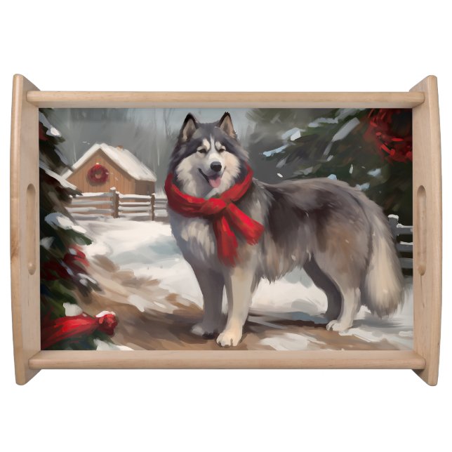 Alaskan Malamute Dog in Snow Christmas Serving Tray (Front)