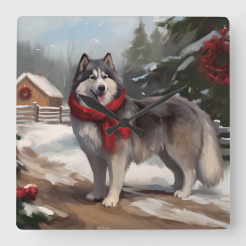 Alaskan Malamute Dog in Snow Christmas Square Wall Clock