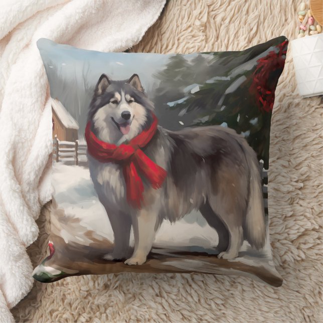 Alaskan Malamute Dog in Snow Christmas Throw Pillow (Blanket)