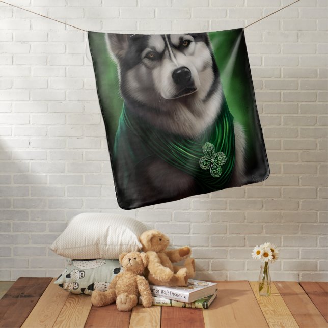 Alaskan Malamute dog in St. Patrick's Day Dress Baby Blanket (In Situ)