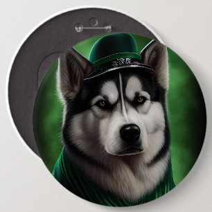 Alaskan Malamute dog in St. Patrick's Day Dress Button