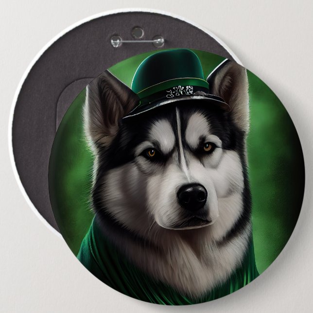 Alaskan Malamute dog in St. Patrick's Day Dress Button (Front & Back)