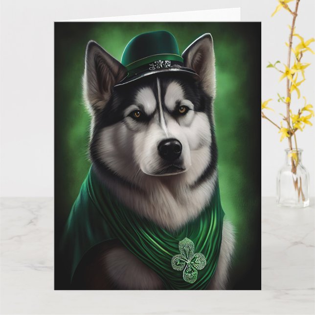 Alaskan Malamute dog in St. Patrick's Day Dress Card (Yellow Flower)