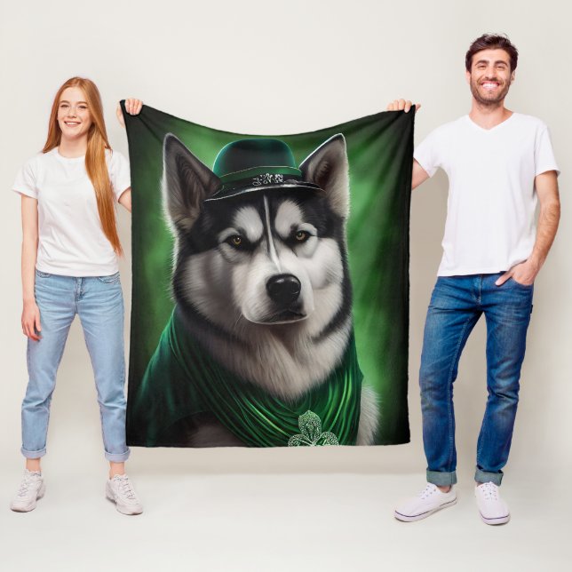 Alaskan Malamute dog in St. Patrick's Day Dress Fleece Blanket (In Situ)