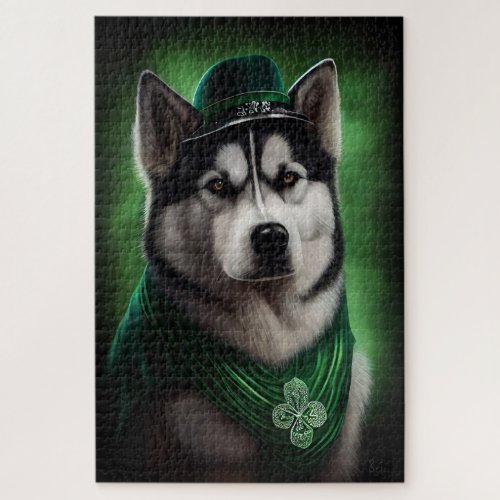 Alaskan Malamute dog in St Patricks Day Dress Jigsaw Puzzle