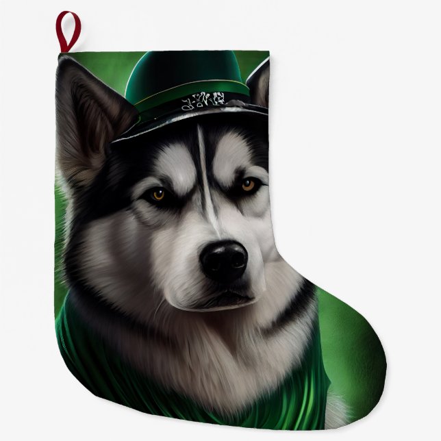 Alaskan Malamute dog in St. Patrick's Day Dress Large Christmas Stocking (Front)