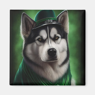 Alaskan Malamute dog in St. Patrick's Day Dress Magnet