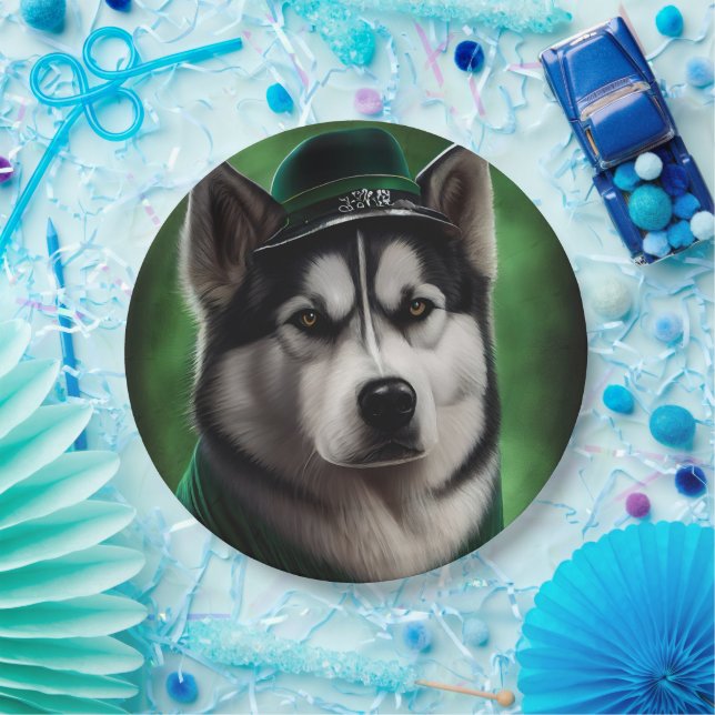 Alaskan Malamute dog in St. Patrick's Day Dress Paper Plates (Party)