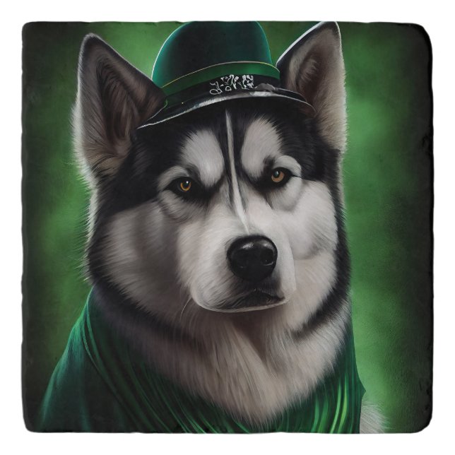 Alaskan Malamute dog in St. Patrick's Day Dress Trivet (Front)