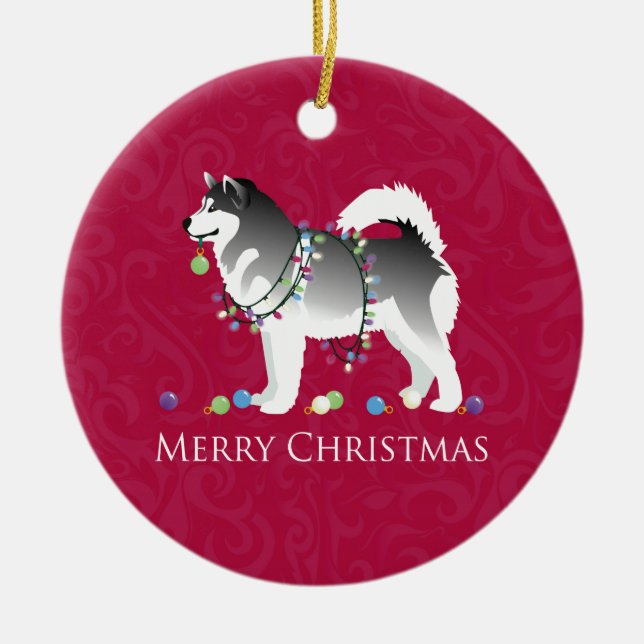 Alaskan Malamute Dog Merry Christmas Design Ceramic Ornament (Front)