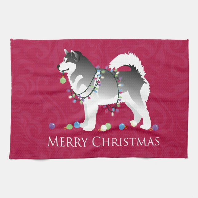 Alaskan Malamute Dog Merry Christmas Design Towel (Horizontal)