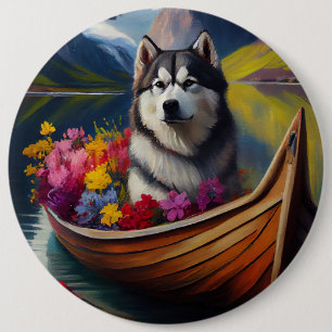 Alaskan Malamute Dog on Paddle: A Scenic Adventure Button