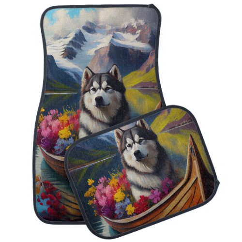 Alaskan Malamute Dog on Paddle A Scenic Adventure Car Floor Mat