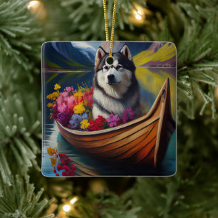 Alaskan Malamute Dog on Paddle: A Scenic Adventure Ceramic Ornament