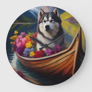 Alaskan Malamute Dog on Paddle: A Scenic Adventure Large Clock