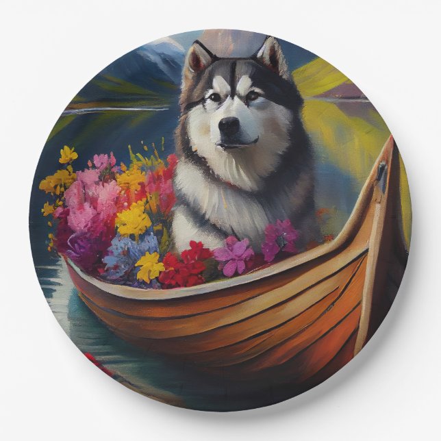 Alaskan Malamute Dog on Paddle: A Scenic Adventure Paper Plates (Front)
