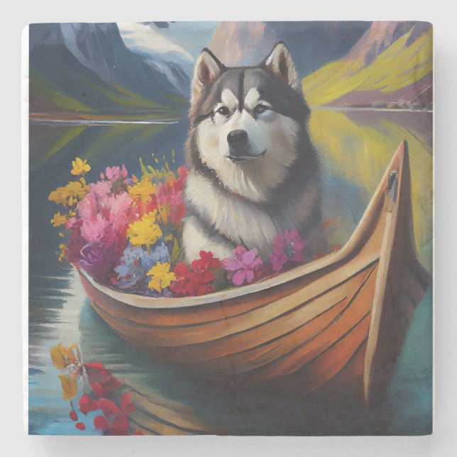 Alaskan Malamute Dog on Paddle: A Scenic Adventure Stone Coaster (Front)