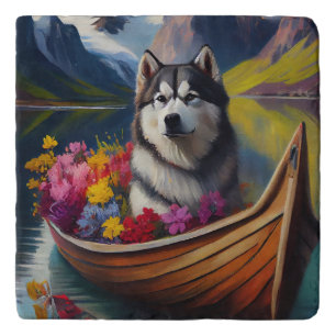 Alaskan Malamute Dog on Paddle: A Scenic Adventure Trivet
