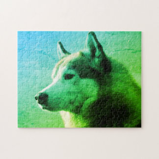 Alaskan Malamute Dog Photograph | Green Blue Jigsaw Puzzle