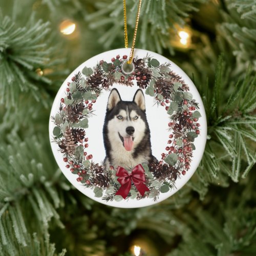 Alaskan Malamute Dog Red Bow Pinecone Wreath Ceramic Ornament