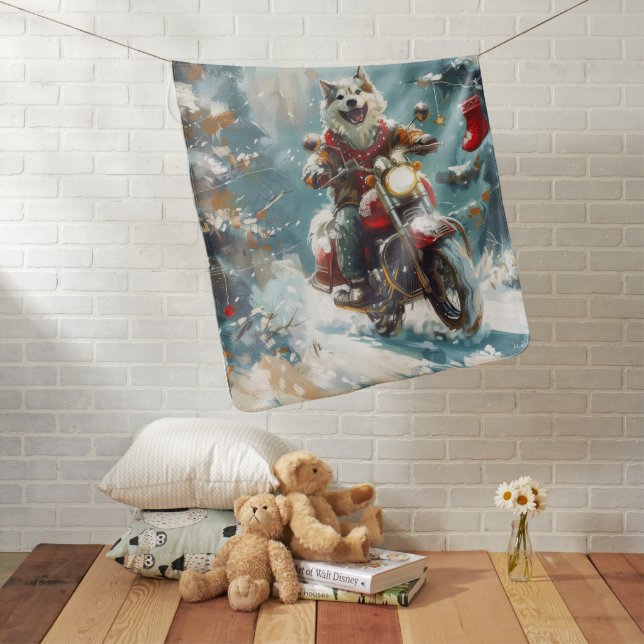 Alaskan Malamute Dog Riding Motorcycle Christmas  Baby Blanket (In Situ)