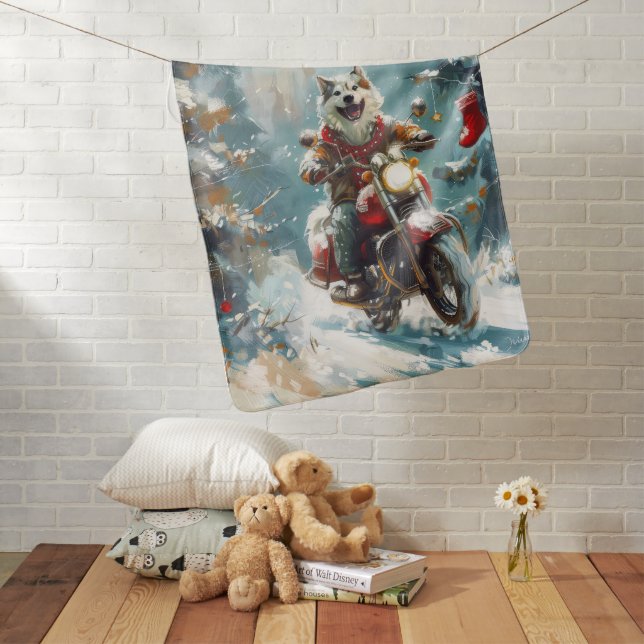 Alaskan Malamute Dog Riding Motorcycle Christmas  Baby Blanket (In Situ)