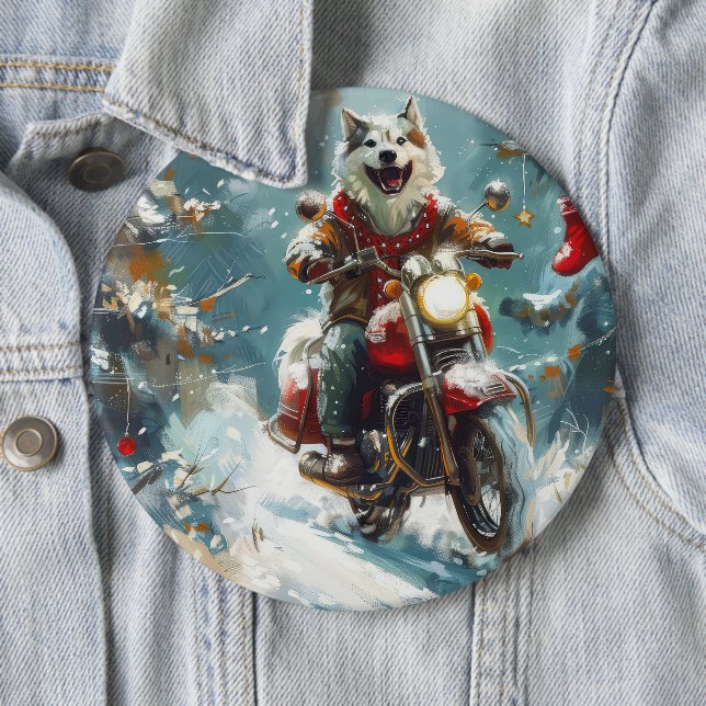 Alaskan Malamute Dog Riding Motorcycle Christmas  Button (In Situ)