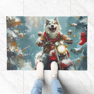 Alaskan Malamute Dog Riding Motorcycle Christmas  Doormat