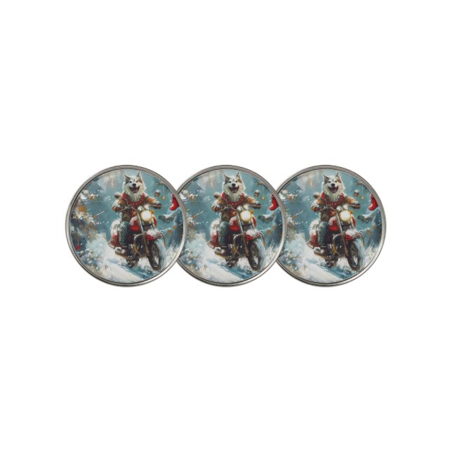 Alaskan Malamute Dog Riding Motorcycle Christmas  Golf Ball Marker (3 Up)