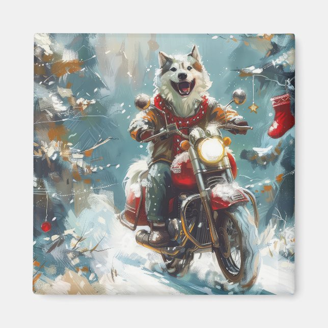 Alaskan Malamute Dog Riding Motorcycle Christmas  Magnet (Front)