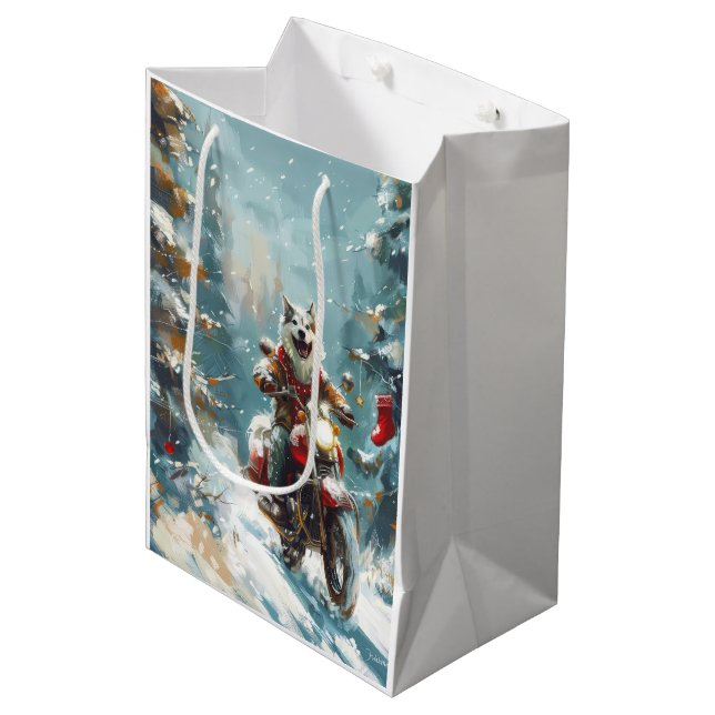 Alaskan Malamute Dog Riding Motorcycle Christmas  Medium Gift Bag (Front Angled)