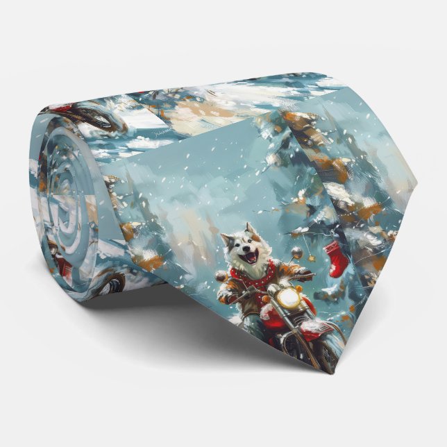 Alaskan Malamute Dog Riding Motorcycle Christmas  Neck Tie (Rolled)
