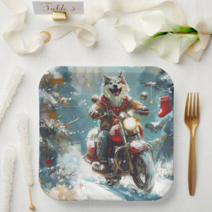 Alaskan Malamute Dog Riding Motorcycle Christmas Paper Plates