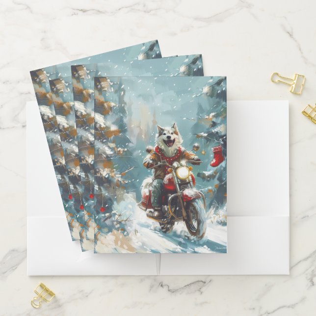 Alaskan Malamute Dog Riding Motorcycle Christmas  Pocket Folder (In Situ)