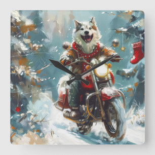 Alaskan Malamute Dog Riding Motorcycle Christmas Square Wall Clock