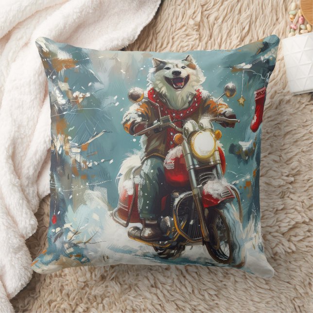 Alaskan Malamute Dog Riding Motorcycle Christmas  Throw Pillow (Blanket)