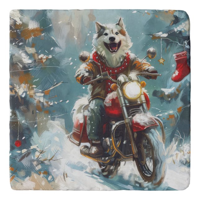 Alaskan Malamute Dog Riding Motorcycle Christmas  Trivet (Front)
