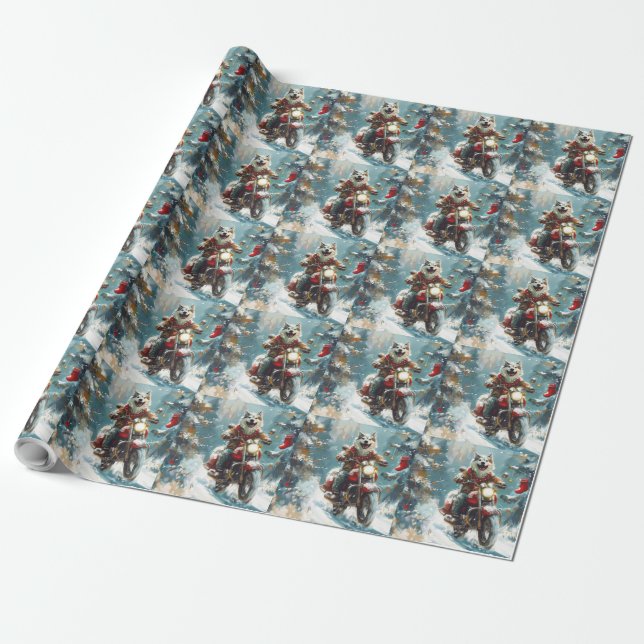 Alaskan Malamute Dog Riding Motorcycle Christmas  Wrapping Paper (Unrolled)