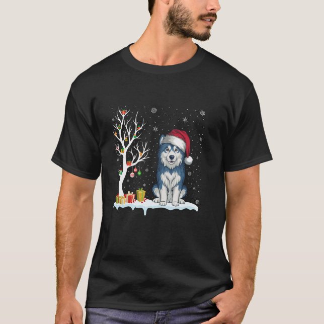 Alaskan Malamute Dog Santa Hat Festive Tree Light  T-Shirt (Front)