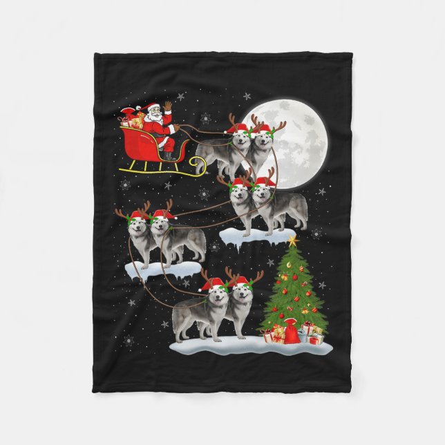 Alaskan Malamute Dog Santa Sleigh Flying Funny Chr Fleece Blanket (Front)