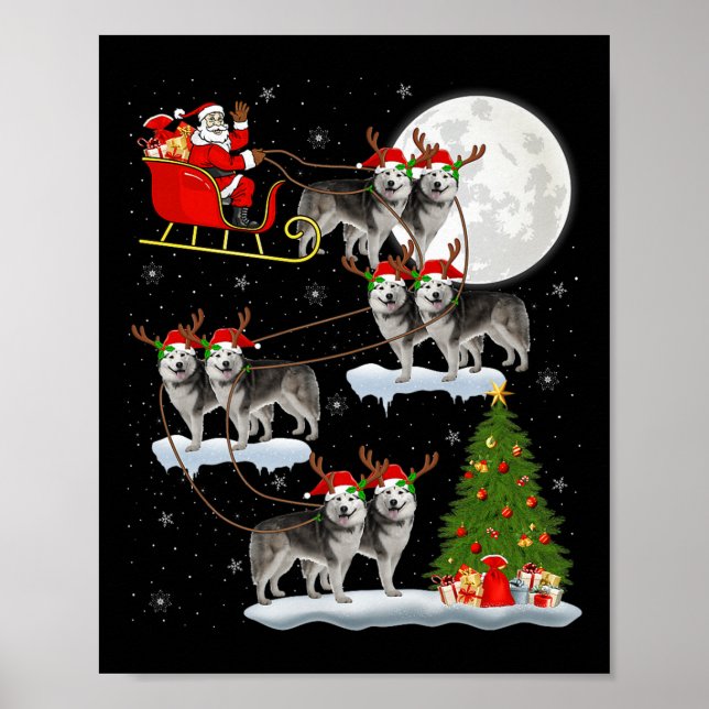 Alaskan Malamute Dog Santa Sleigh Flying Funny Chr Poster (Front)