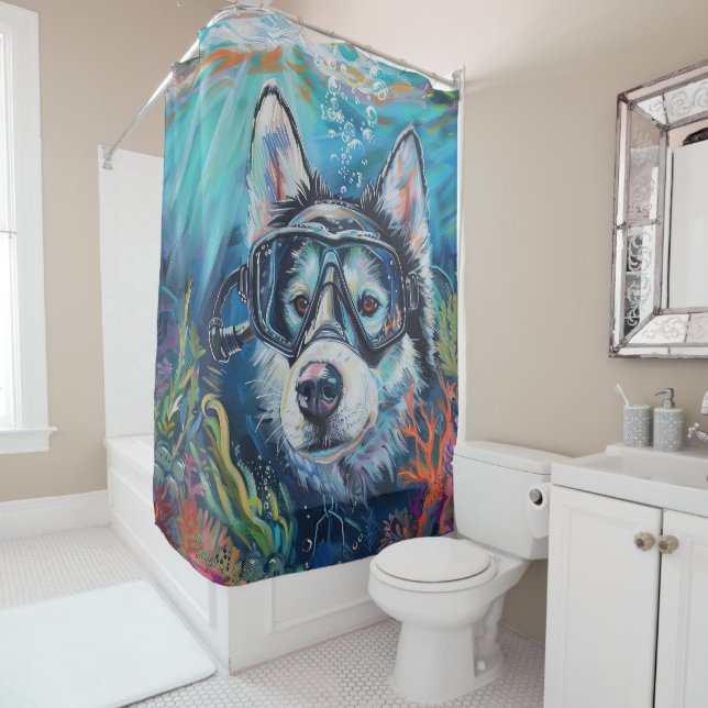 Alaskan Malamute Dog Scuba Diving Underwater Shower Curtain (In Situ)