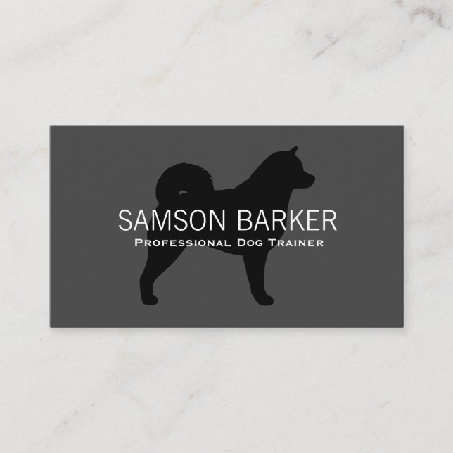 Alaskan Malamute Dog Silhouette Black on Grey Business Card (Front)