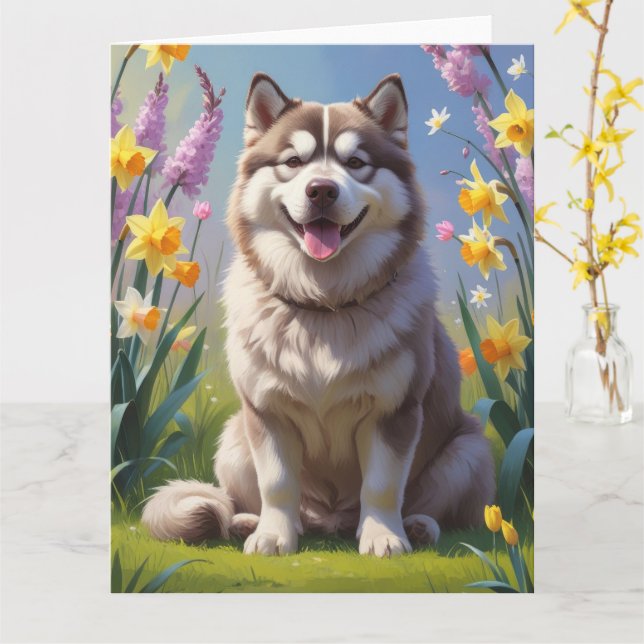 Alaskan Malamute Dog Spring Flowers Painting  Card (Yellow Flower)