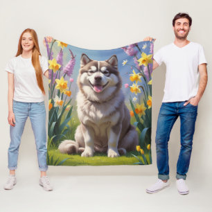 Alaskan Malamute Dog Spring Flowers Painting  Fleece Blanket