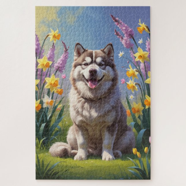 Alaskan Malamute Dog Spring Flowers Painting  Jigsaw Puzzle (Vertical)