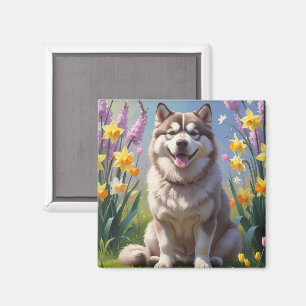 Alaskan Malamute Dog Spring Flowers Painting Magnet