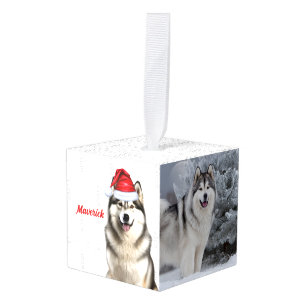 Alaskan Malamute Dog Two Photo Christmas Holiday Cube Ornament