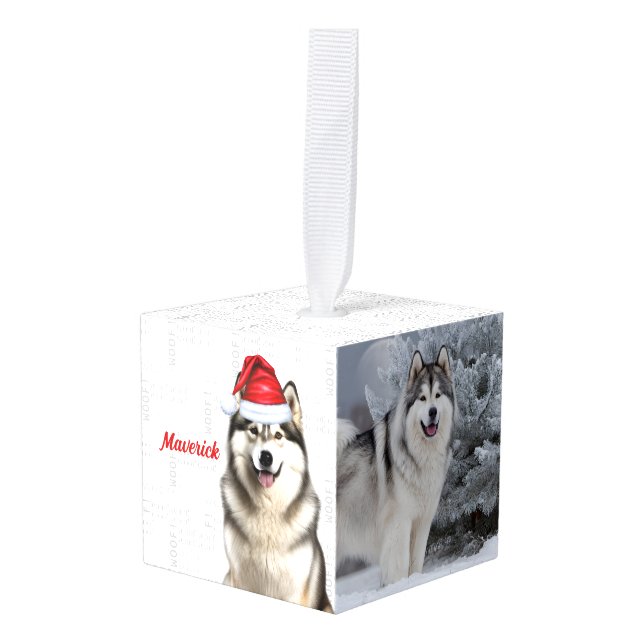 Alaskan Malamute Dog Two Photo Christmas Holiday Cube Ornament (Front Angled)