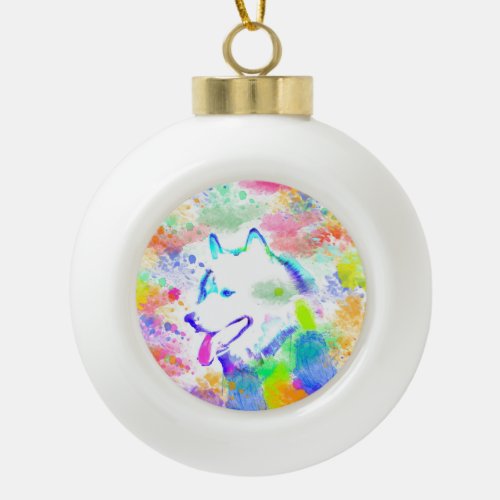 Alaskan Malamute Dog Watercolor Art Portrait Ceramic Ball Christmas Ornament